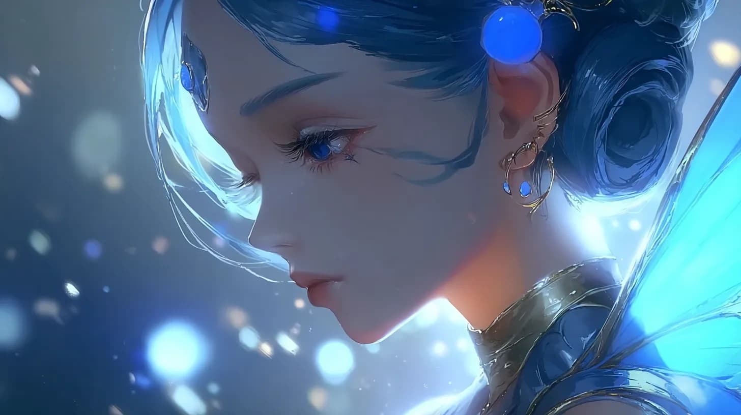 Blue fantasy anime portrait with glowing earrings