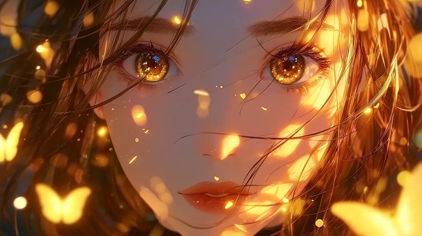 Golden anime close-up with butterfly light effects