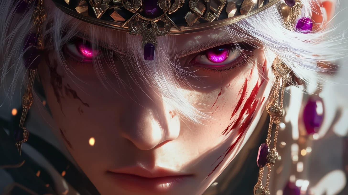 White-haired anime warrior with bright magenta eyes