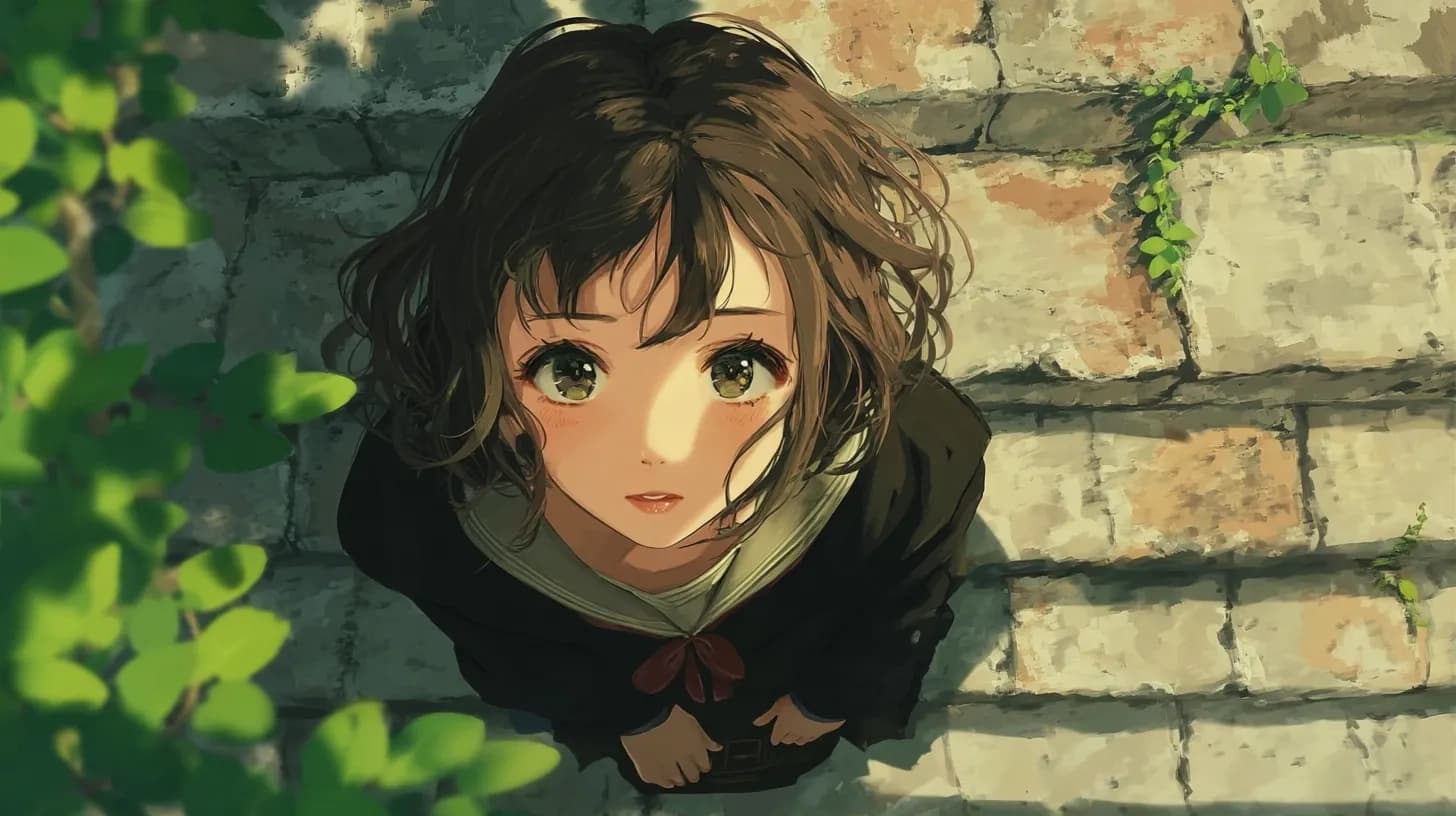 Soft anime girl portrait in a sunlit stone courtyard