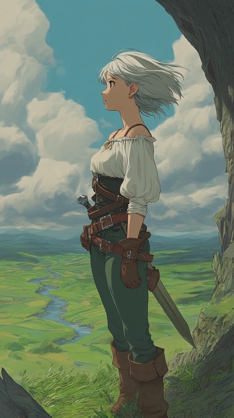 White-haired fantasy swordswoman above a wide green valley