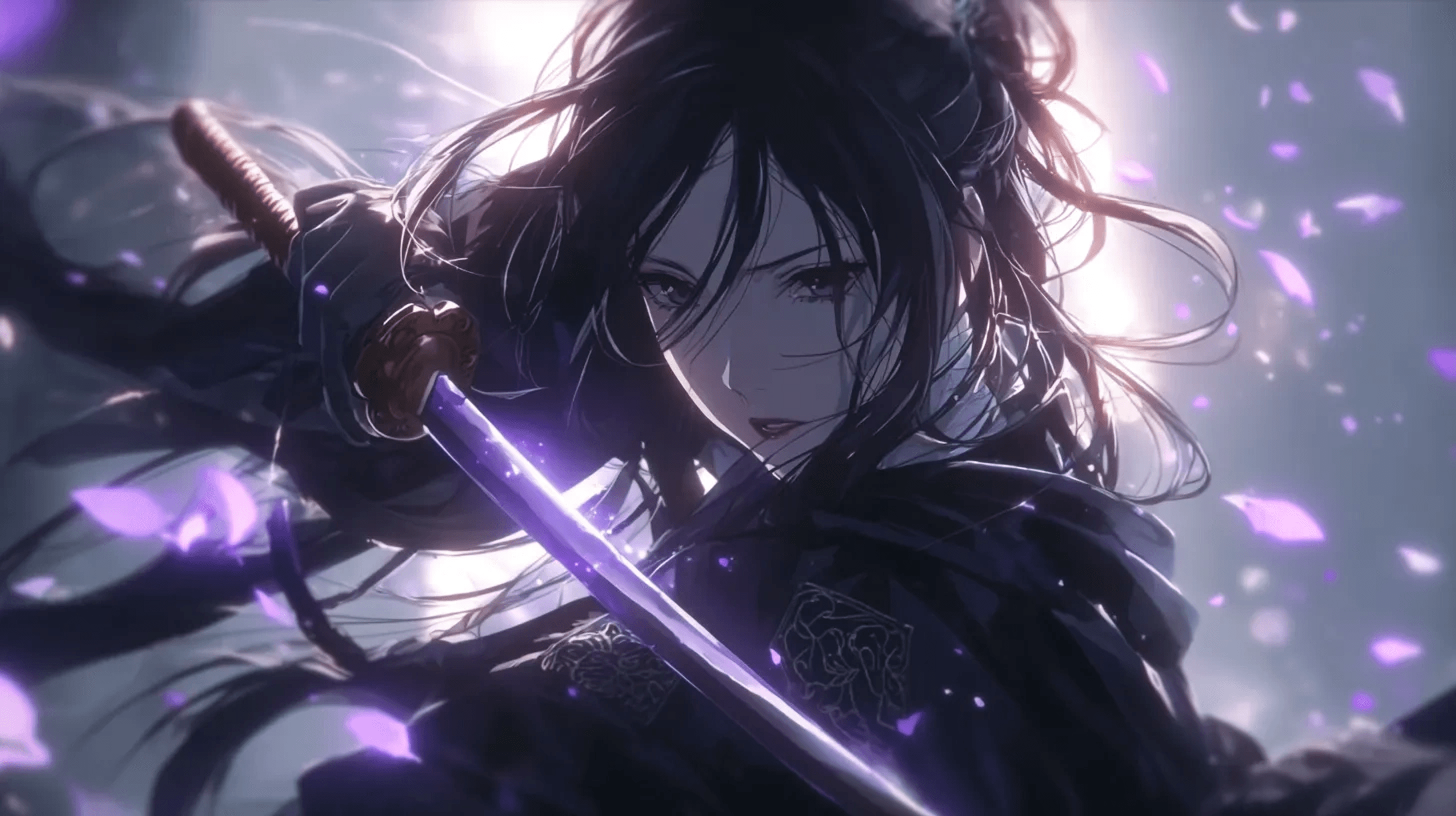 Anime swordswoman in motion with violet petals and blade