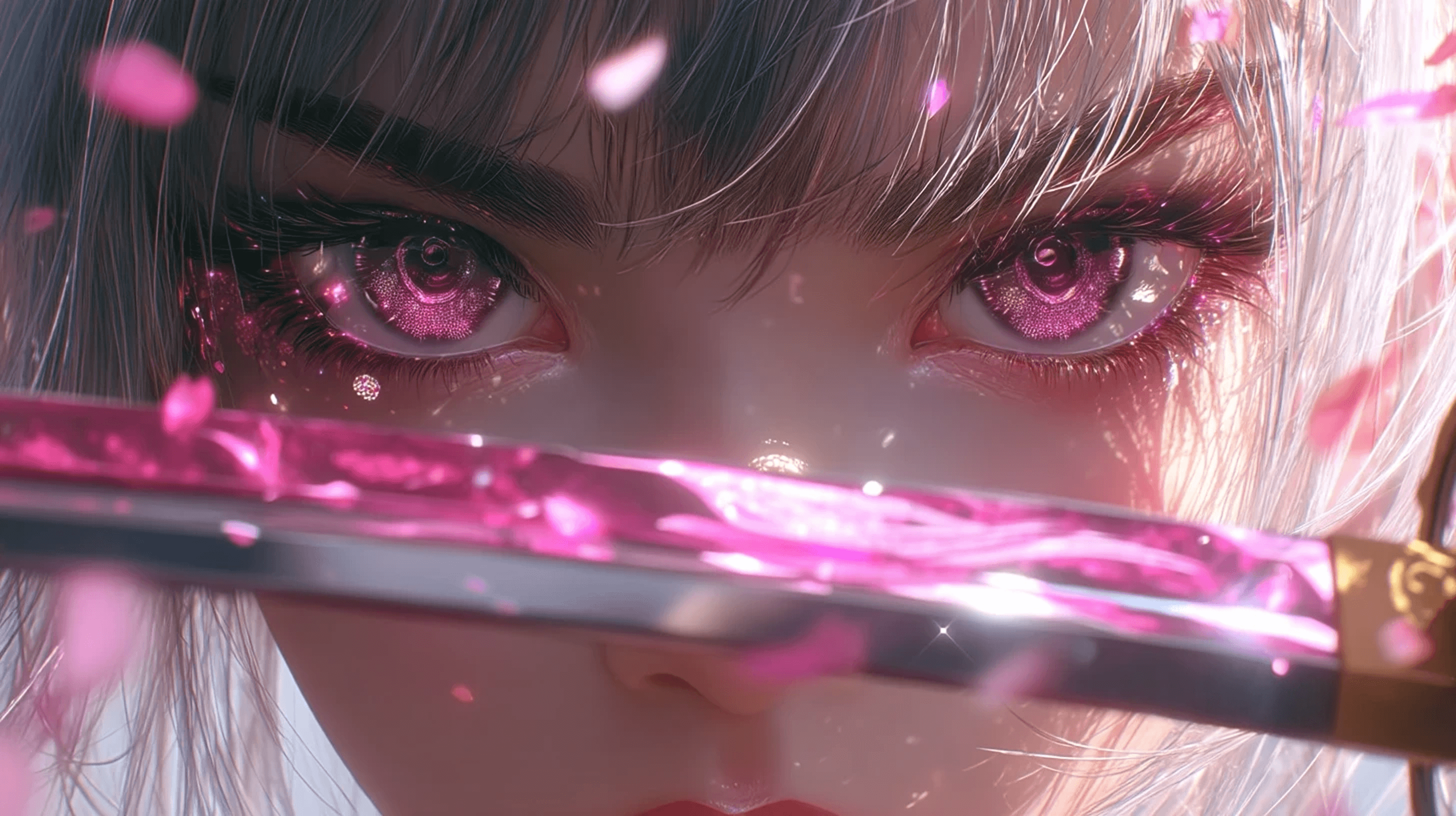 Pink-eyed anime heroine framed behind a glowing sword