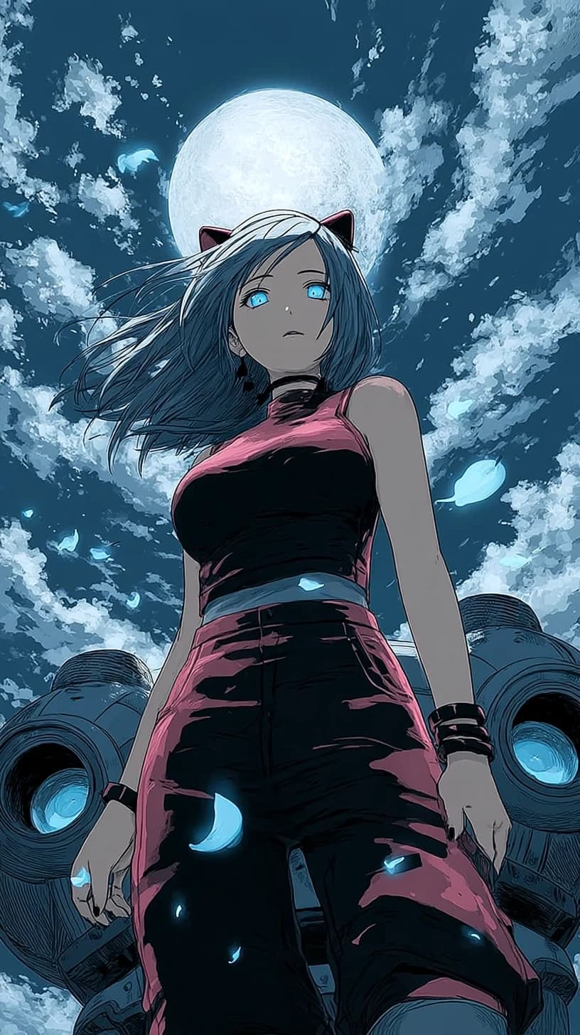 Moonlit anime character with blue eyes and cat-ear silhouette